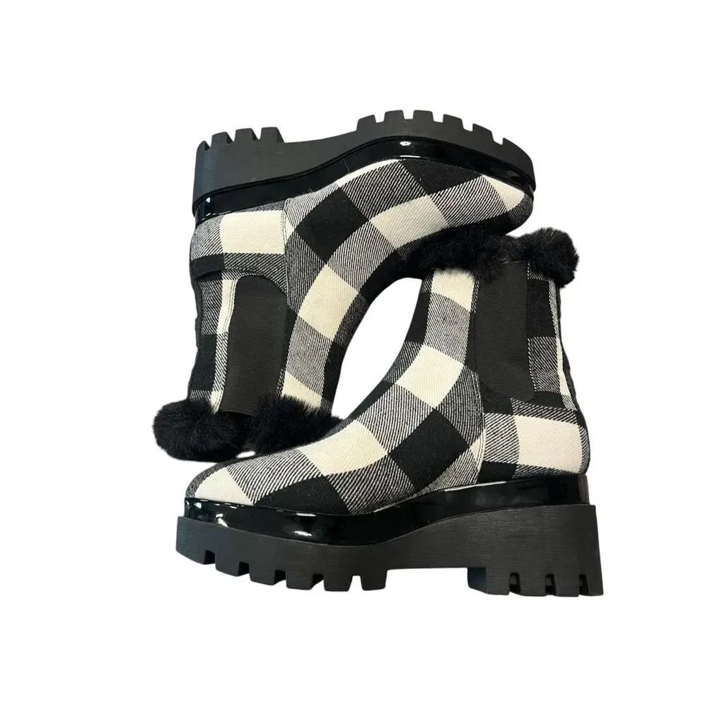 DKNYβ9 Bax wedge booties black white buffalo check plaid thick black lug sole